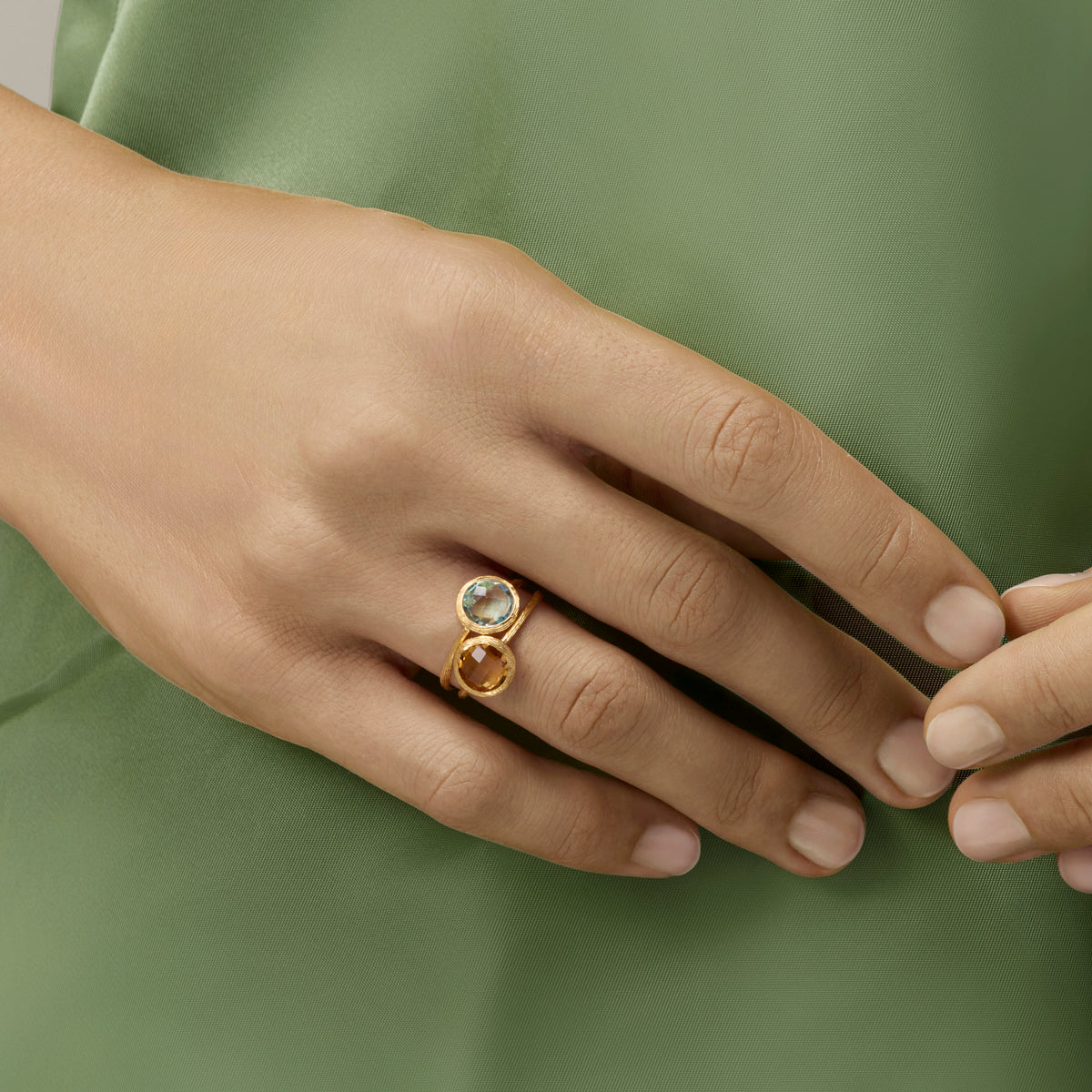 YELLOW GOLD TOI ET MOI RING WITH CITRINE AND BLUE TOPAZ