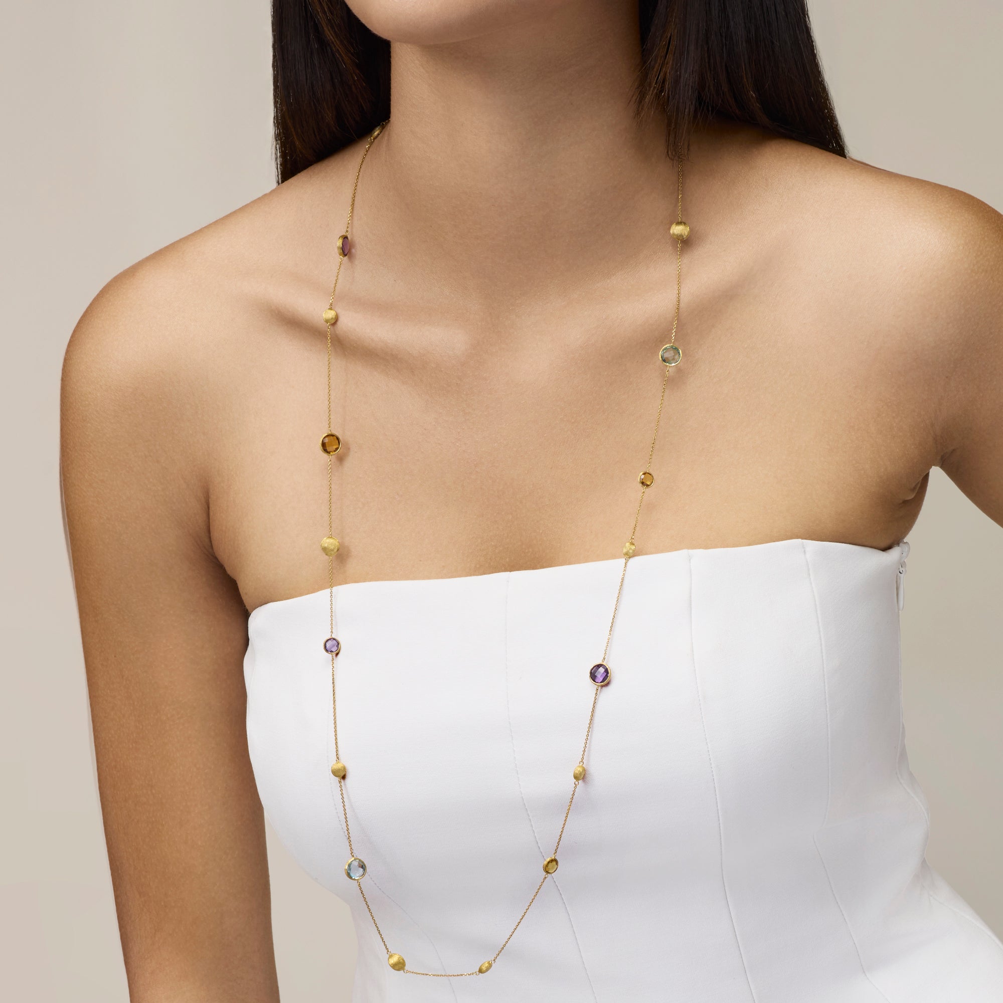 90 CM YELLOW GOLD SAUTOIR NECKLACE WITH MIXED NATURAL STONES
