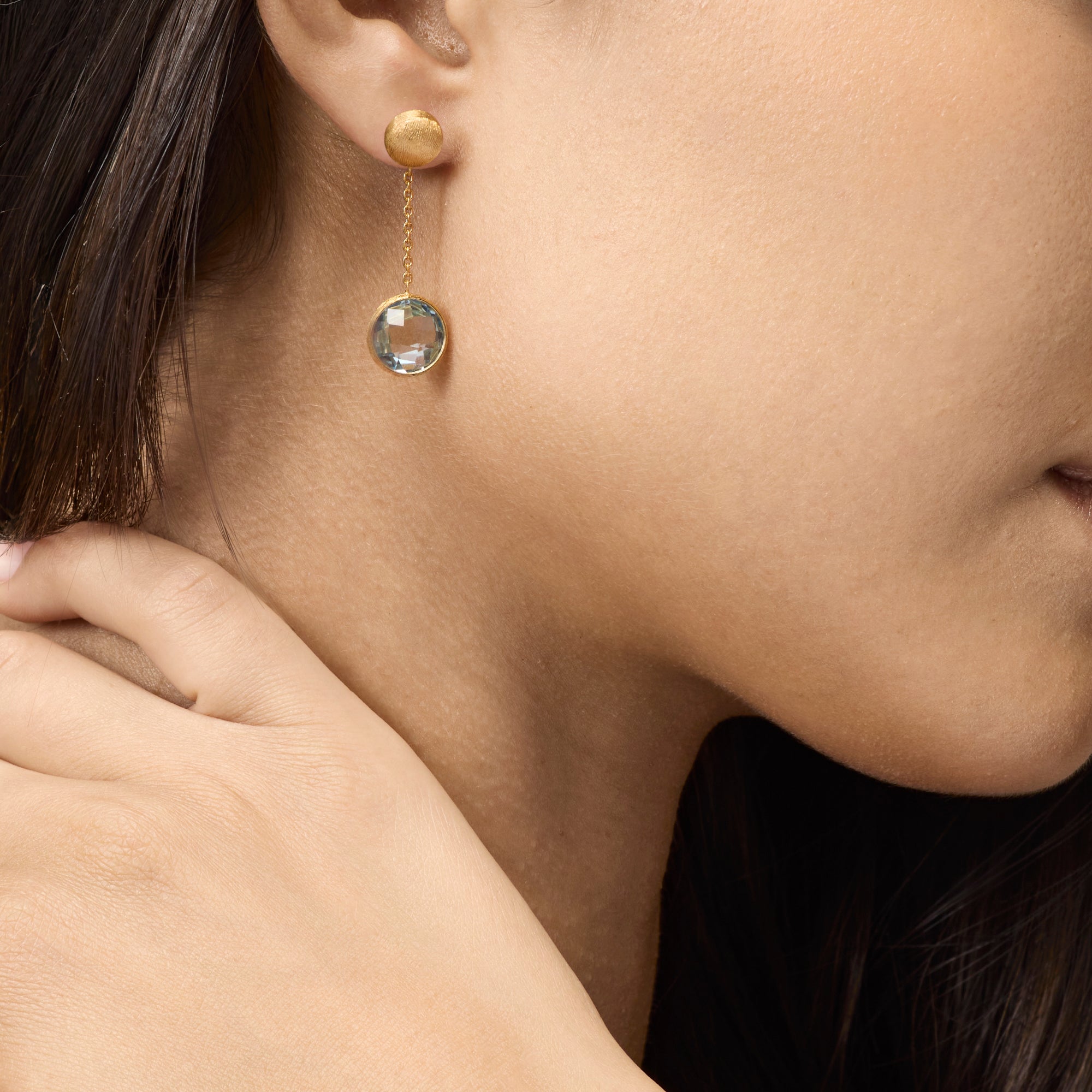 YELLOW GOLD DROP EARRINGS WITH BLUE TOPAZ