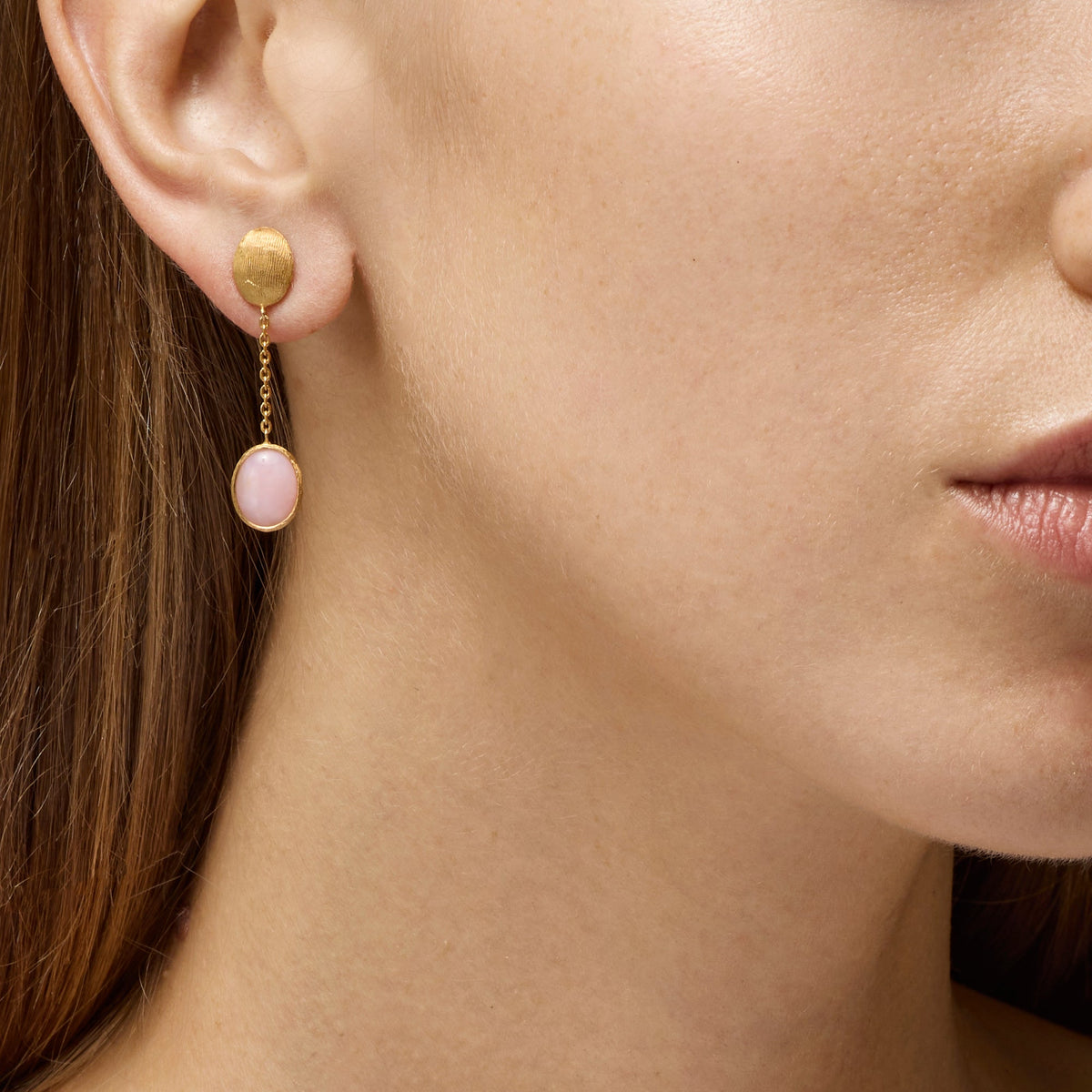 YELLOW GOLD DROP EARRINGS WITH PINK OPALS