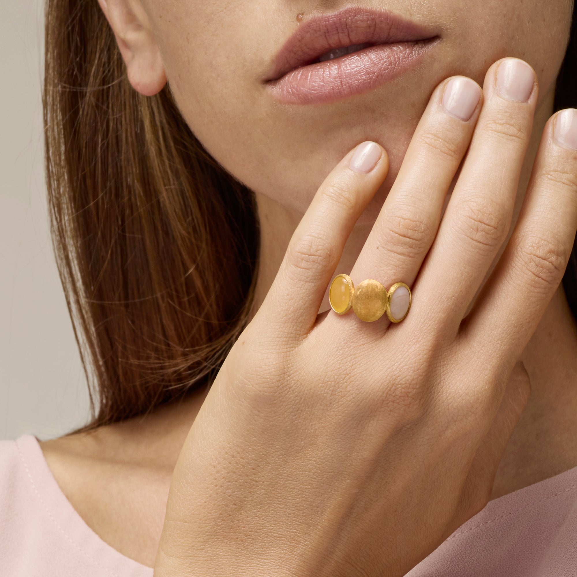 YELLOW GOLD TRILOGY RING WITH NATURAL STONES