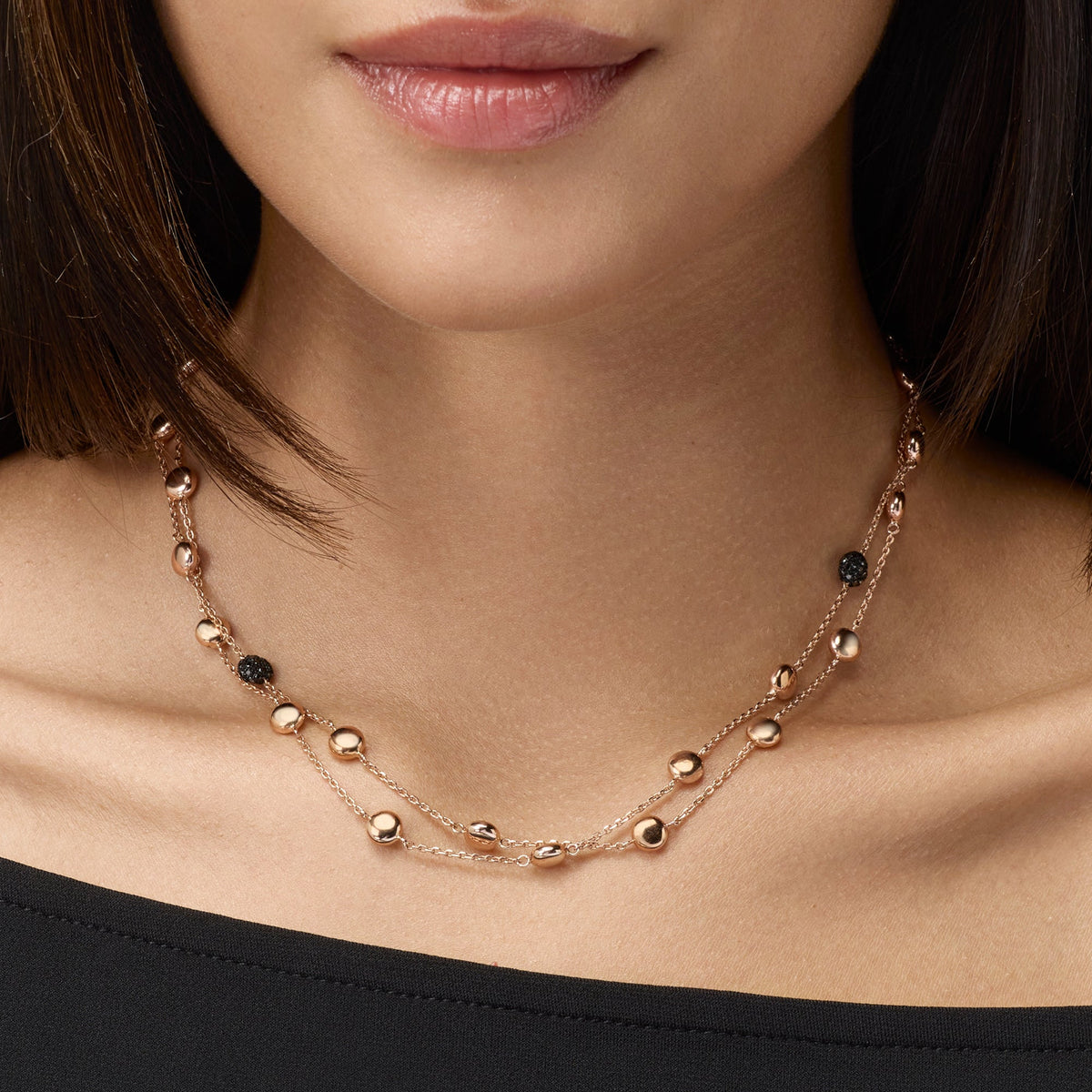 DOUBLE-STRAND ROSE GOLD COLLAR NECKLACE WITH BLACK DIAMONDS