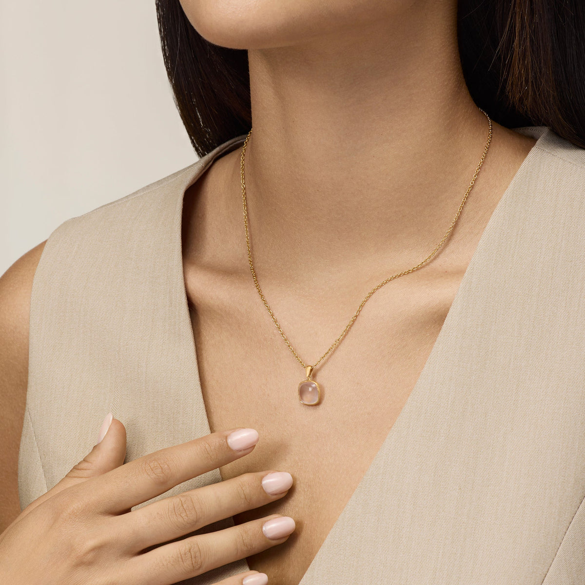 COLLANA ORO GIALLO PENDENTE QUARZO ROSA