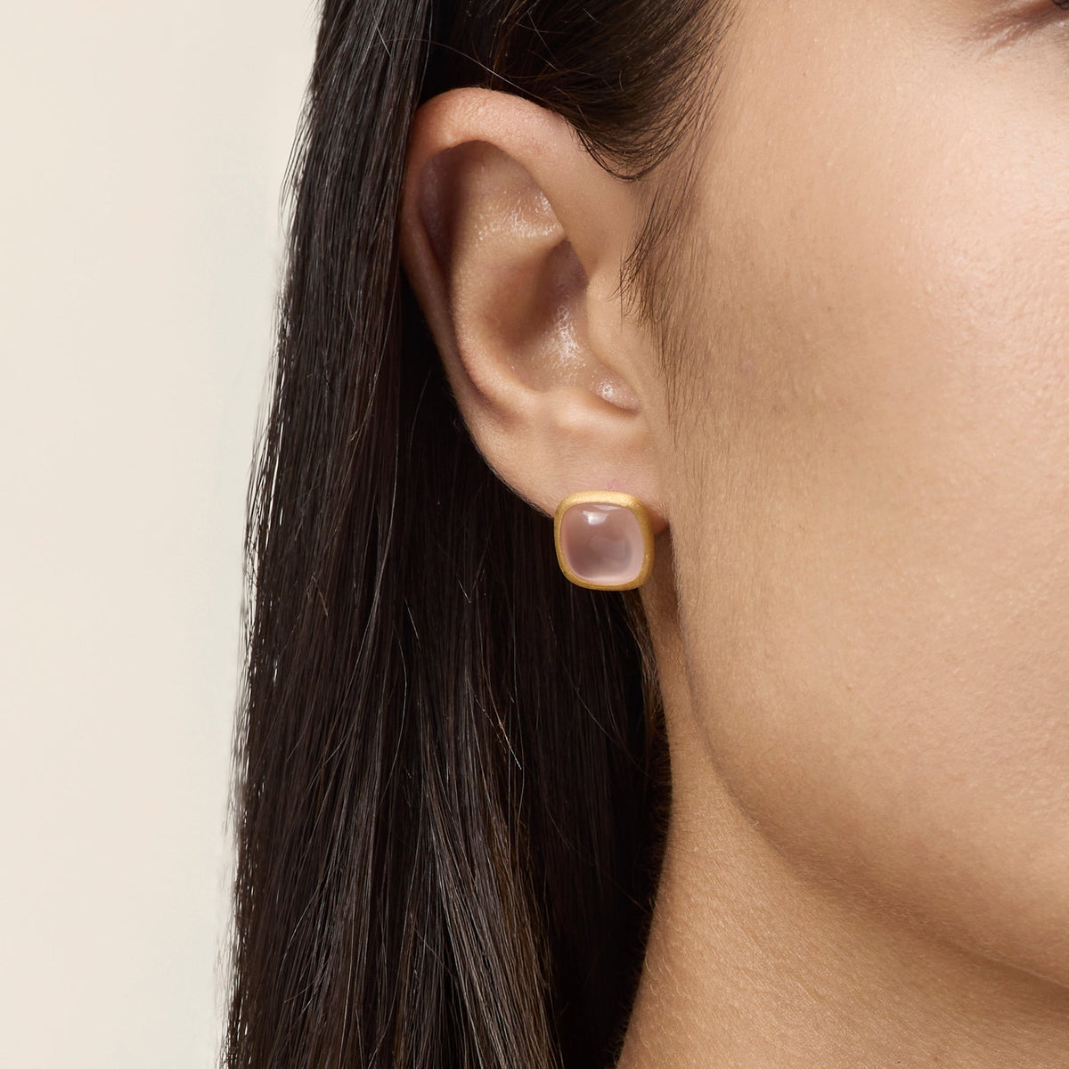YELLOW GOLD STUD EARRINGS WITH ROSE QUARTZ