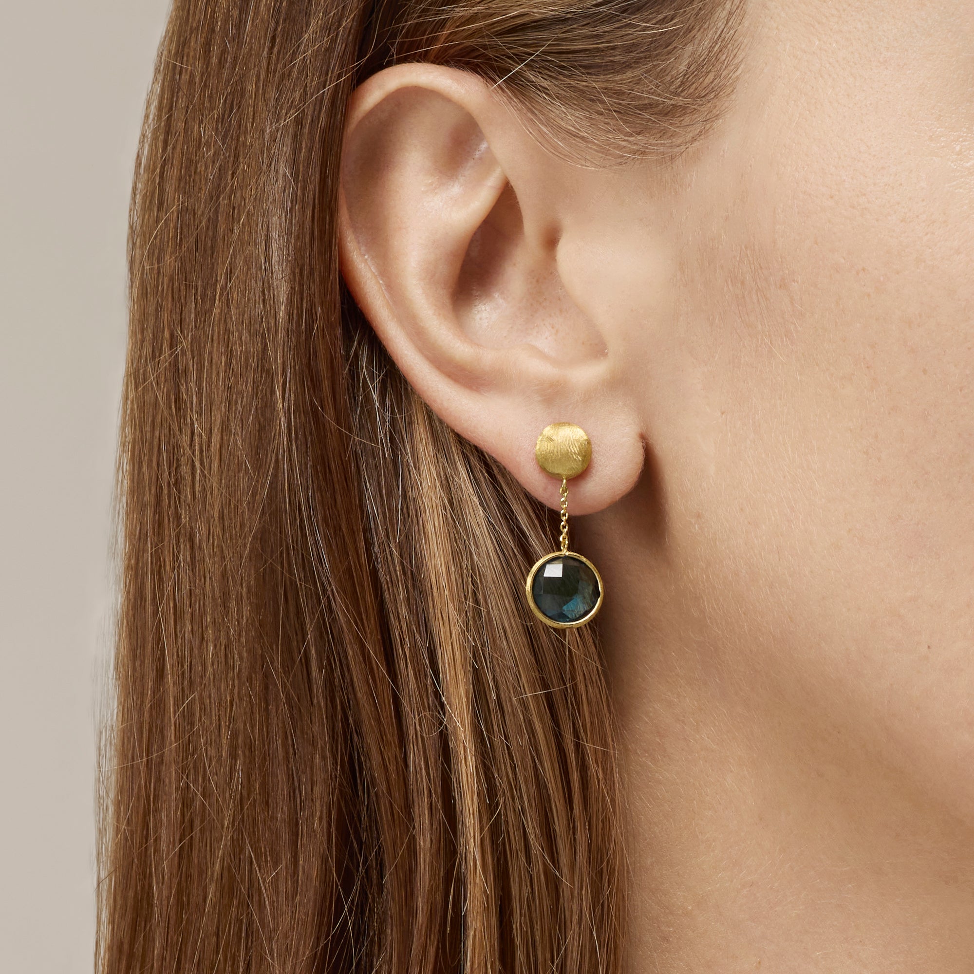 YELLOW GOLD DROP EARRINGS WITH LONDON BLUE TOPAZ