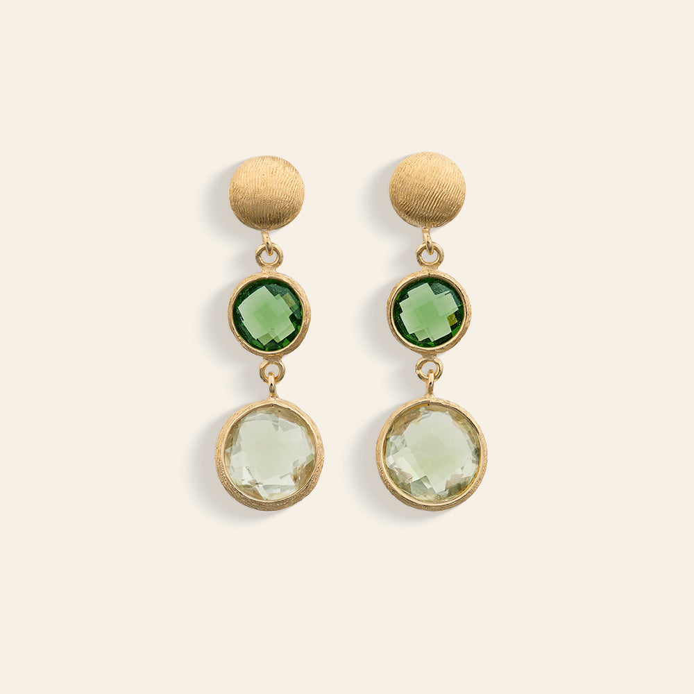 YELLOW GOLD DROP EARRINGS WITH TOURMALINES AND PRASIOLITE