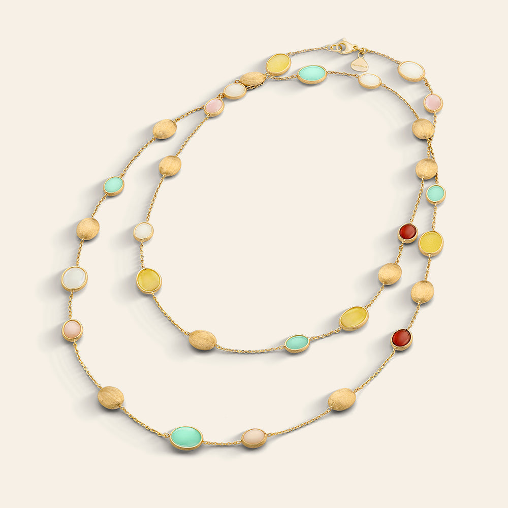 YELLOW GOLD SAUTOIR NECKLACE WITH MIXED OPALS AND NATURAL STONES