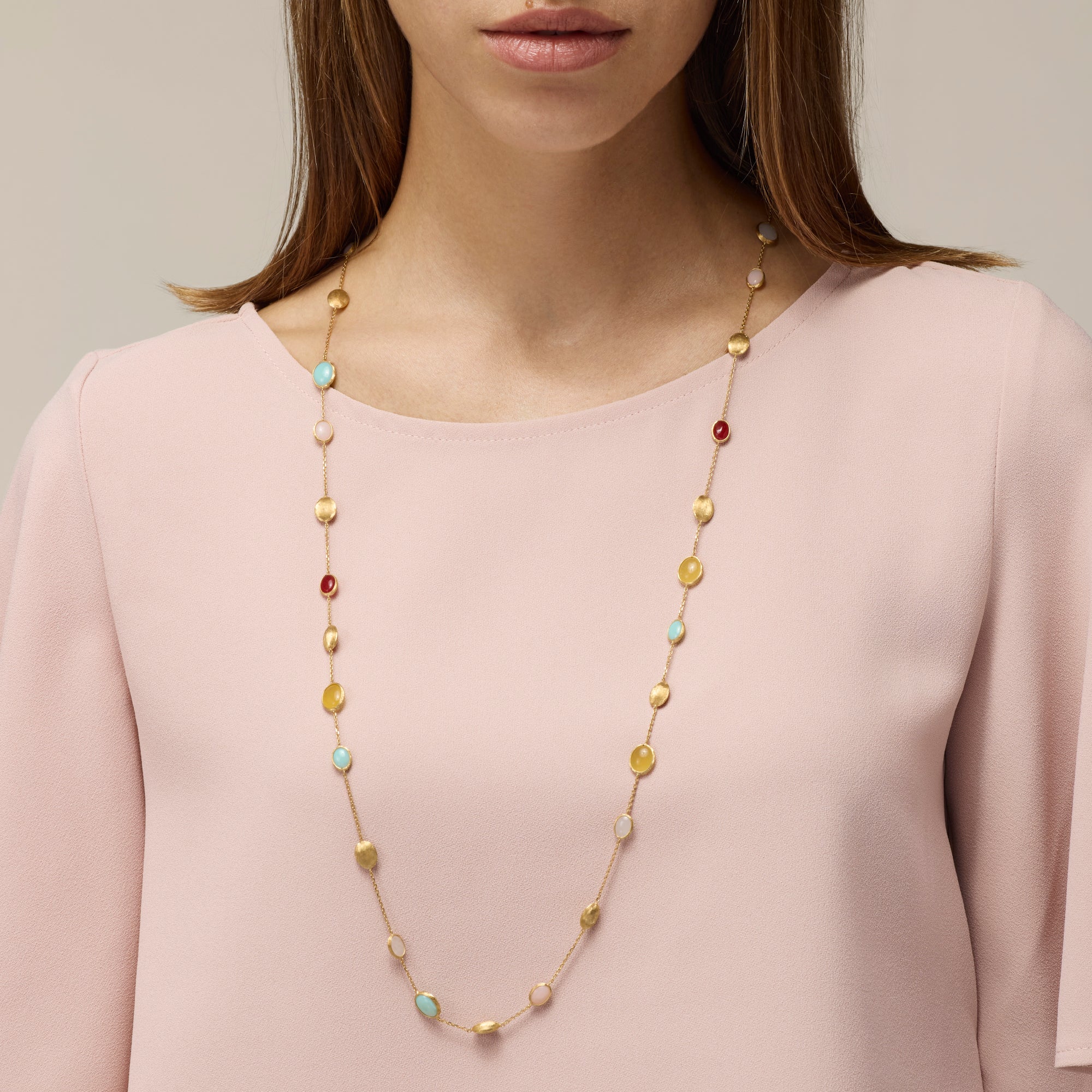 YELLOW GOLD SAUTOIR NECKLACE WITH MIXED OPALS AND NATURAL STONES